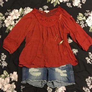 3/4 Length Orange/Red Embroidered Blouse